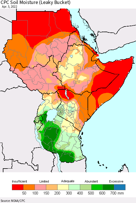 Eastern Africa CPC Calculated Soil Moisture (Leaky Bucket) Thematic Map For 4/1/2022 - 4/5/2022