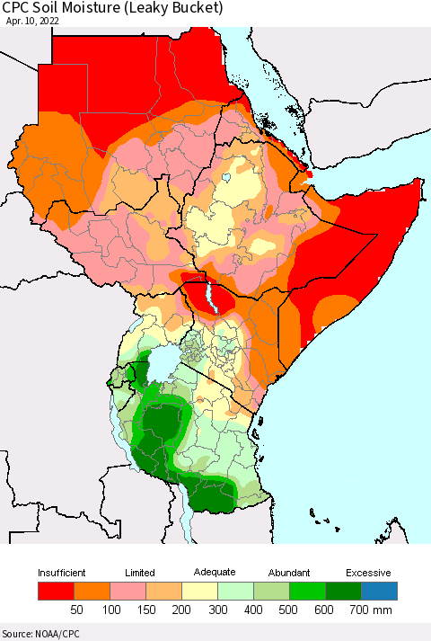 Eastern Africa CPC Soil Moisture (Leaky Bucket) Thematic Map For 4/6/2022 - 4/10/2022