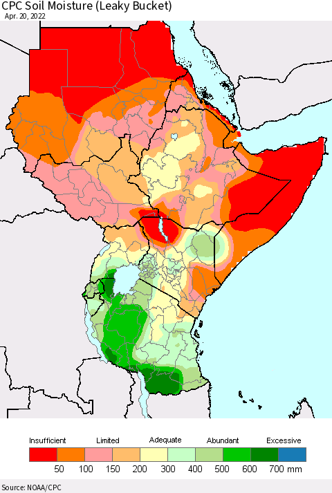 Eastern Africa CPC Soil Moisture (Leaky Bucket) Thematic Map For 4/16/2022 - 4/20/2022