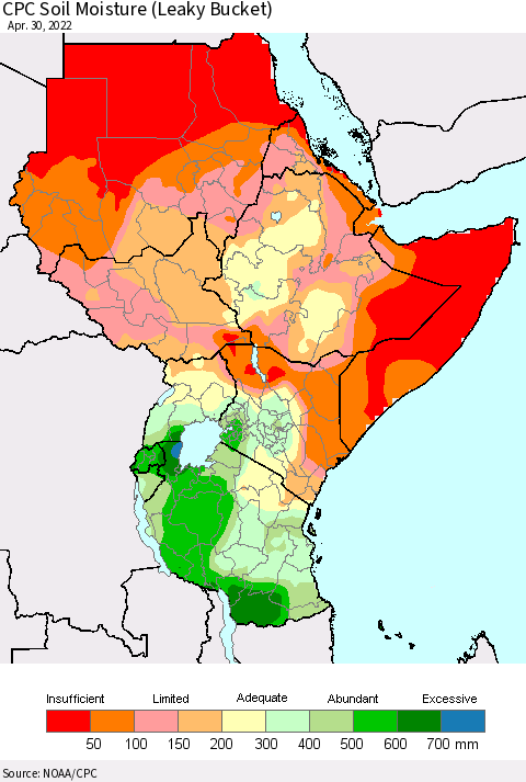 Eastern Africa CPC Soil Moisture (Leaky Bucket) Thematic Map For 4/26/2022 - 4/30/2022