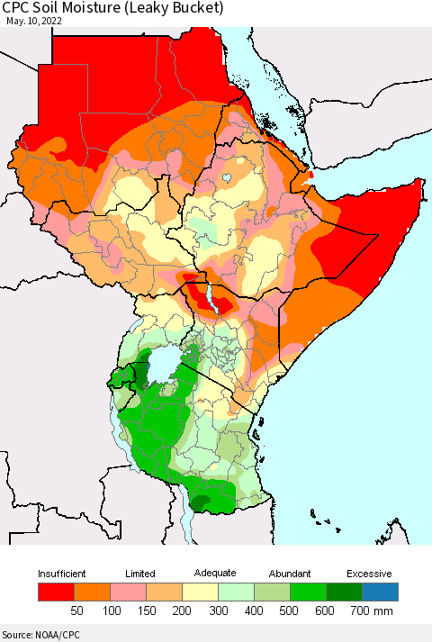 Eastern Africa CPC Calculated Soil Moisture (Leaky Bucket) Thematic Map For 5/6/2022 - 5/10/2022