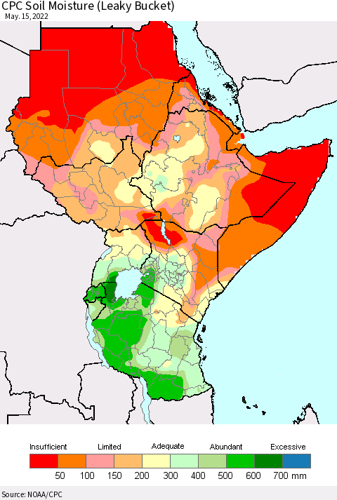Eastern Africa CPC Calculated Soil Moisture (Leaky Bucket) Thematic Map For 5/11/2022 - 5/15/2022