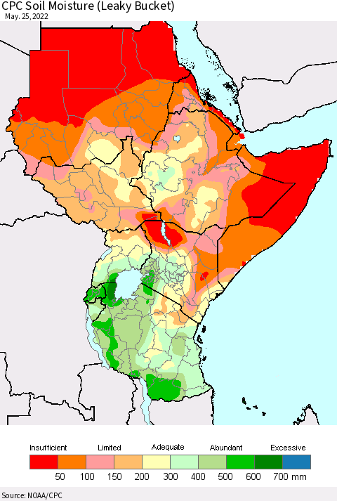 Eastern Africa CPC Calculated Soil Moisture (Leaky Bucket) Thematic Map For 5/21/2022 - 5/25/2022