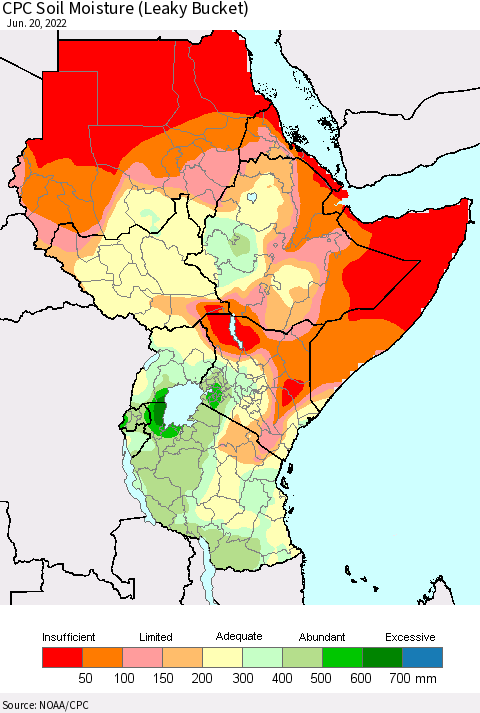 Eastern Africa CPC Calculated Soil Moisture (Leaky Bucket) Thematic Map For 6/16/2022 - 6/20/2022