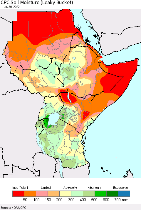 Eastern Africa CPC Calculated Soil Moisture (Leaky Bucket) Thematic Map For 6/26/2022 - 6/30/2022