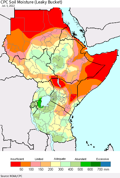 Eastern Africa CPC Calculated Soil Moisture (Leaky Bucket) Thematic Map For 7/1/2022 - 7/5/2022