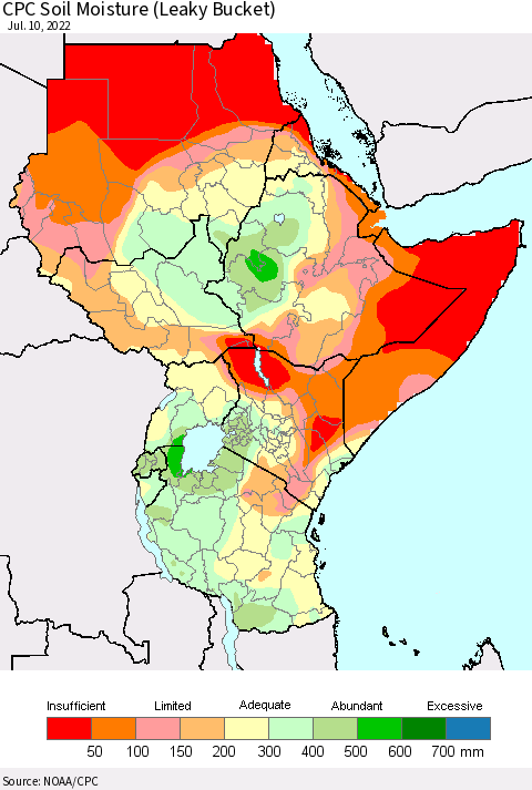 Eastern Africa CPC Soil Moisture (Leaky Bucket) Thematic Map For 7/6/2022 - 7/10/2022