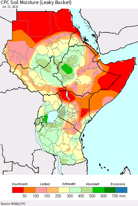 Eastern Africa CPC Calculated Soil Moisture (Leaky Bucket) Thematic Map For 7/11/2022 - 7/15/2022