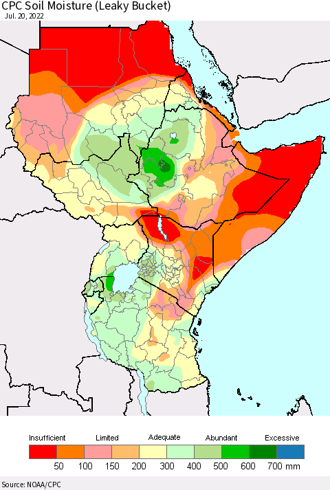 Eastern Africa CPC Calculated Soil Moisture (Leaky Bucket) Thematic Map For 7/16/2022 - 7/20/2022