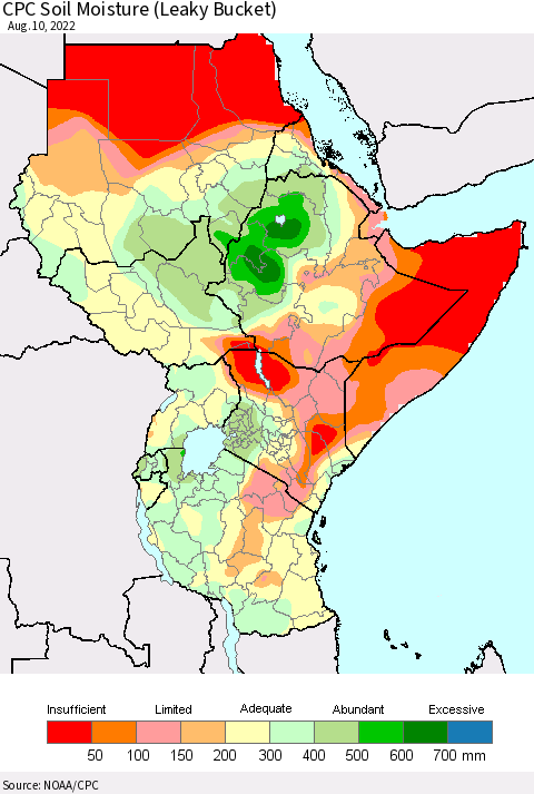Eastern Africa CPC Calculated Soil Moisture (Leaky Bucket) Thematic Map For 8/6/2022 - 8/10/2022