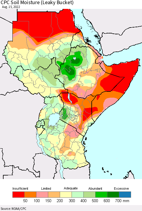 Eastern Africa CPC Soil Moisture (Leaky Bucket) Thematic Map For 8/11/2022 - 8/15/2022