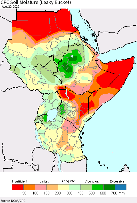 Eastern Africa CPC Soil Moisture (Leaky Bucket) Thematic Map For 8/16/2022 - 8/20/2022