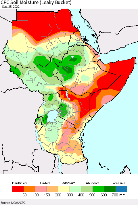 Eastern Africa CPC Soil Moisture (Leaky Bucket) Thematic Map For 9/21/2022 - 9/25/2022