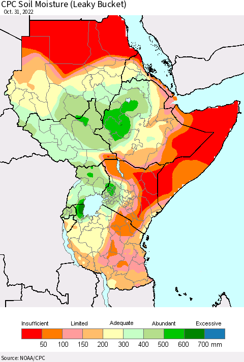 Eastern Africa CPC Soil Moisture (Leaky Bucket) Thematic Map For 10/26/2022 - 10/31/2022