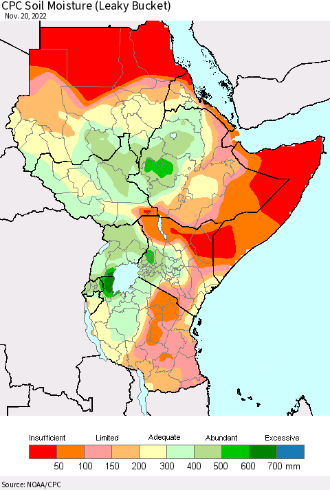 Eastern Africa CPC Soil Moisture (Leaky Bucket) Thematic Map For 11/16/2022 - 11/20/2022