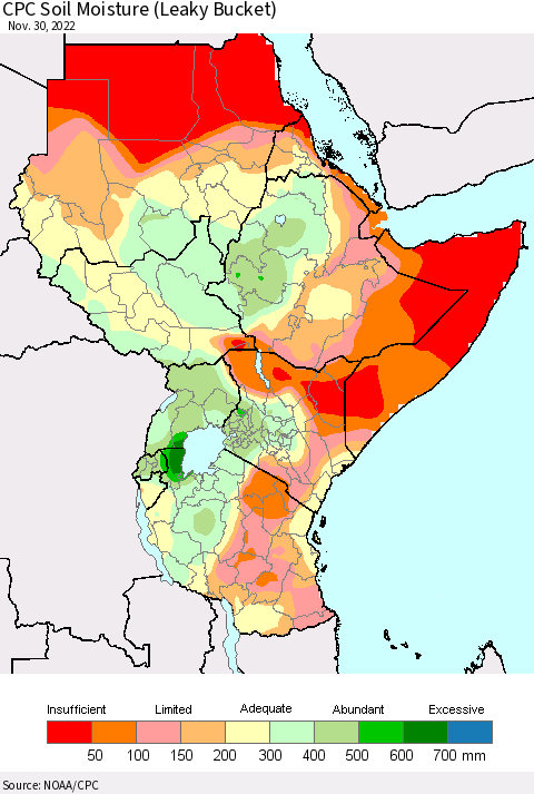 Eastern Africa CPC Soil Moisture (Leaky Bucket) Thematic Map For 11/26/2022 - 11/30/2022