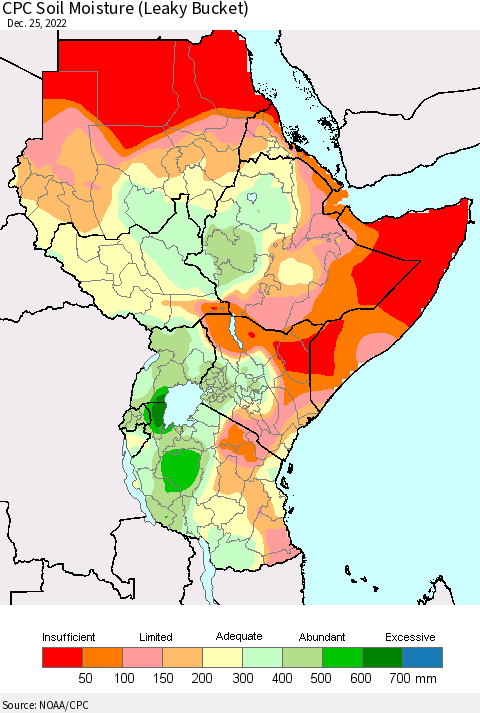Eastern Africa CPC Soil Moisture (Leaky Bucket) Thematic Map For 12/21/2022 - 12/25/2022