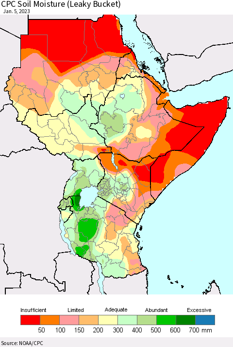 Eastern Africa CPC Soil Moisture (Leaky Bucket) Thematic Map For 1/1/2023 - 1/5/2023