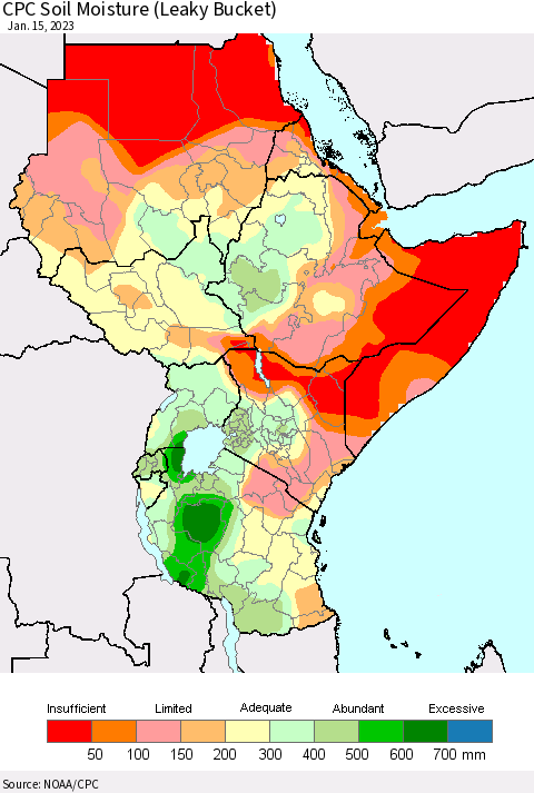 Eastern Africa CPC Soil Moisture (Leaky Bucket) Thematic Map For 1/11/2023 - 1/15/2023