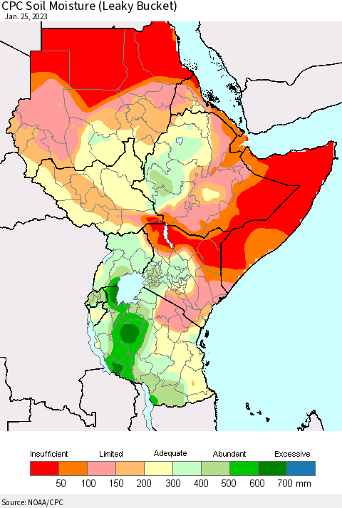Eastern Africa CPC Soil Moisture (Leaky Bucket) Thematic Map For 1/21/2023 - 1/25/2023