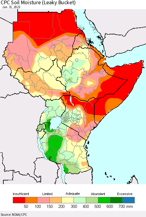 Eastern Africa CPC Soil Moisture (Leaky Bucket) Thematic Map For 1/26/2023 - 1/31/2023