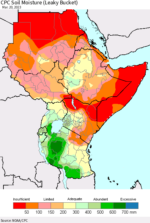 Eastern Africa CPC Soil Moisture (Leaky Bucket) Thematic Map For 3/16/2023 - 3/20/2023