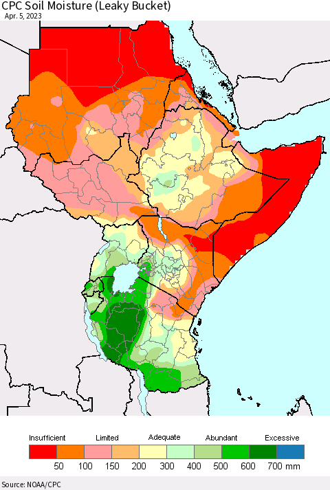Eastern Africa CPC Soil Moisture (Leaky Bucket) Thematic Map For 4/1/2023 - 4/5/2023
