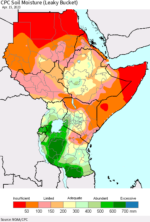 Eastern Africa CPC Soil Moisture (Leaky Bucket) Thematic Map For 4/11/2023 - 4/15/2023