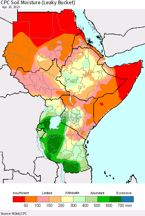 Eastern Africa CPC Soil Moisture (Leaky Bucket) Thematic Map For 4/16/2023 - 4/20/2023