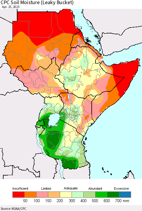 Eastern Africa CPC Soil Moisture (Leaky Bucket) Thematic Map For 4/21/2023 - 4/25/2023