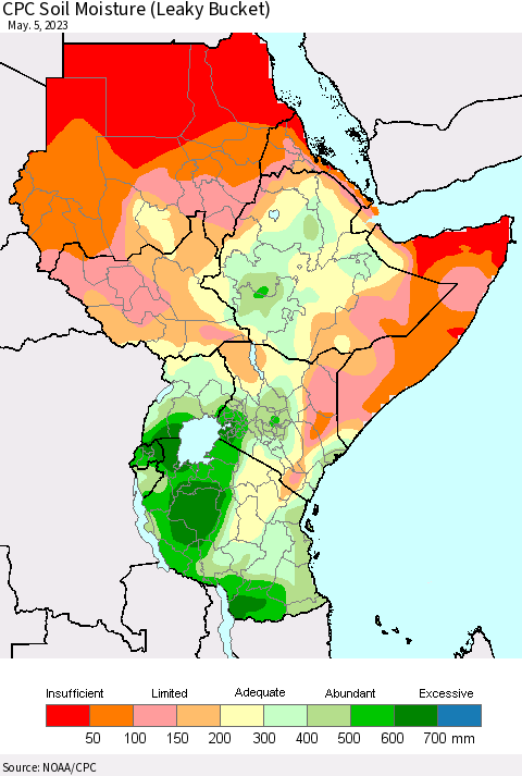 Eastern Africa CPC Soil Moisture (Leaky Bucket) Thematic Map For 5/1/2023 - 5/5/2023