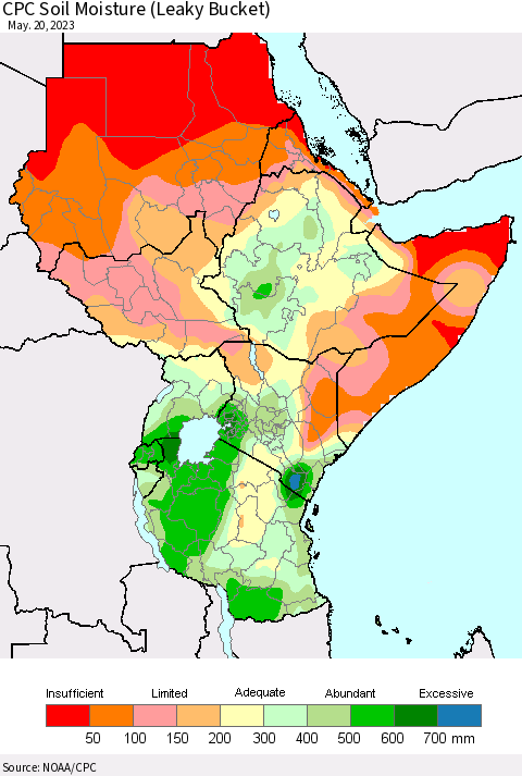 Eastern Africa CPC Soil Moisture (Leaky Bucket) Thematic Map For 5/16/2023 - 5/20/2023