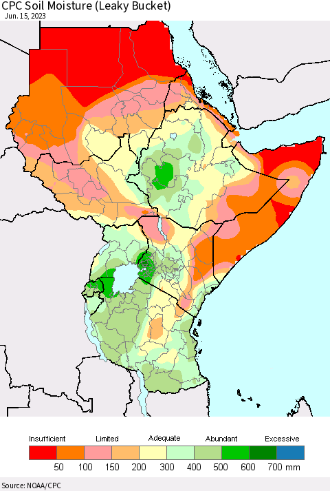Eastern Africa CPC Soil Moisture (Leaky Bucket) Thematic Map For 6/11/2023 - 6/15/2023