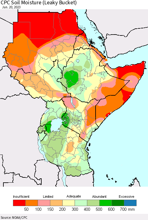 Eastern Africa CPC Soil Moisture (Leaky Bucket) Thematic Map For 6/16/2023 - 6/20/2023