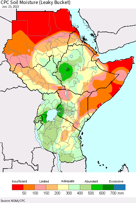Eastern Africa CPC Soil Moisture (Leaky Bucket) Thematic Map For 6/21/2023 - 6/25/2023