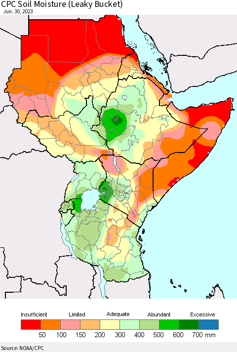 Eastern Africa CPC Soil Moisture (Leaky Bucket) Thematic Map For 6/26/2023 - 6/30/2023