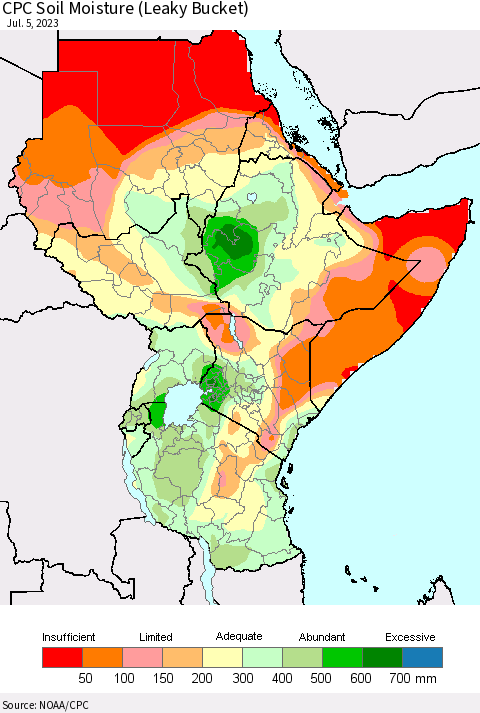 Eastern Africa CPC Soil Moisture (Leaky Bucket) Thematic Map For 7/1/2023 - 7/5/2023
