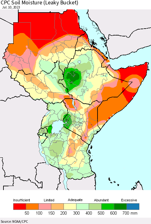 Eastern Africa CPC Soil Moisture (Leaky Bucket) Thematic Map For 7/6/2023 - 7/10/2023