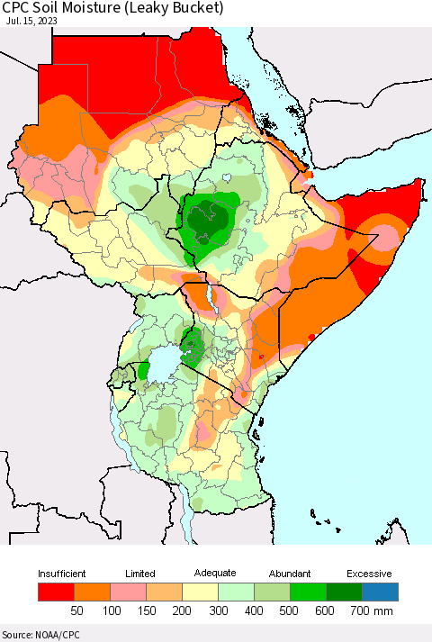 Eastern Africa CPC Soil Moisture (Leaky Bucket) Thematic Map For 7/11/2023 - 7/15/2023