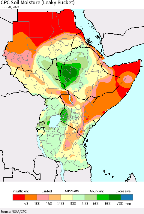 Eastern Africa CPC Soil Moisture (Leaky Bucket) Thematic Map For 7/16/2023 - 7/20/2023