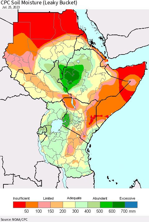 Eastern Africa CPC Soil Moisture (Leaky Bucket) Thematic Map For 7/21/2023 - 7/25/2023