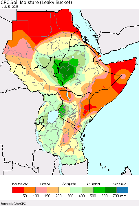 Eastern Africa CPC Soil Moisture (Leaky Bucket) Thematic Map For 7/26/2023 - 7/31/2023