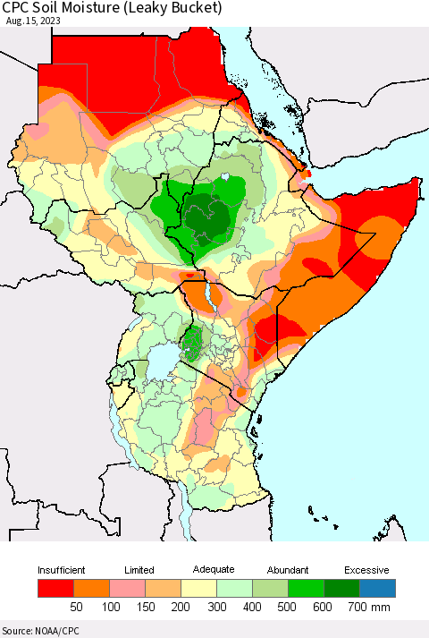 Eastern Africa CPC Soil Moisture (Leaky Bucket) Thematic Map For 8/11/2023 - 8/15/2023