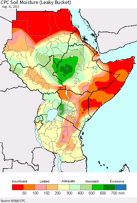 Eastern Africa CPC Soil Moisture (Leaky Bucket) Thematic Map For 8/26/2023 - 8/31/2023