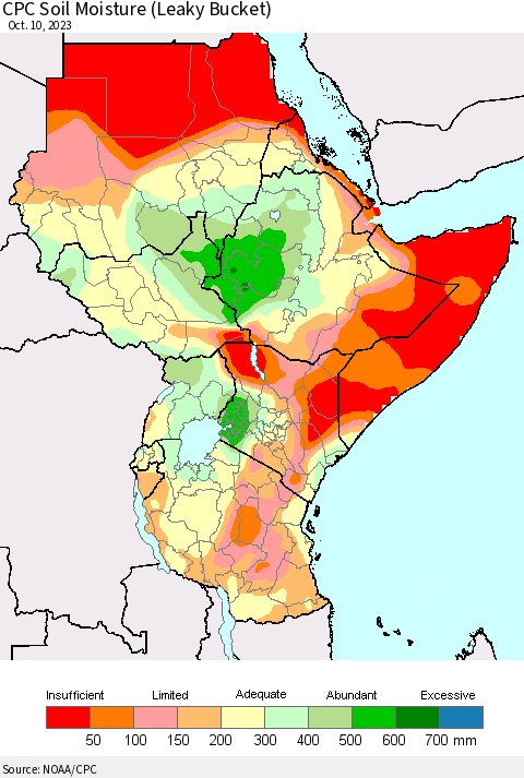 Eastern Africa CPC Soil Moisture (Leaky Bucket) Thematic Map For 10/6/2023 - 10/10/2023