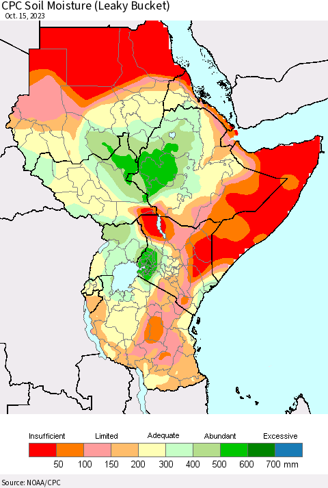 Eastern Africa CPC Soil Moisture (Leaky Bucket) Thematic Map For 10/11/2023 - 10/15/2023