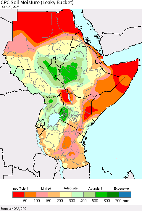 Eastern Africa CPC Soil Moisture (Leaky Bucket) Thematic Map For 10/16/2023 - 10/20/2023