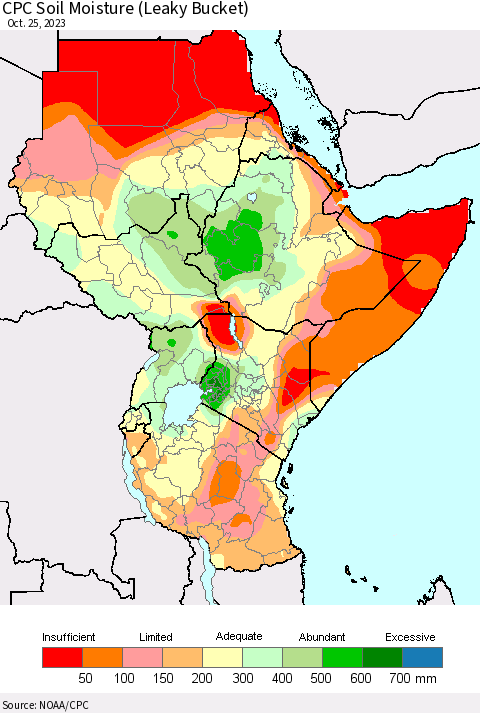 Eastern Africa CPC Soil Moisture (Leaky Bucket) Thematic Map For 10/21/2023 - 10/25/2023