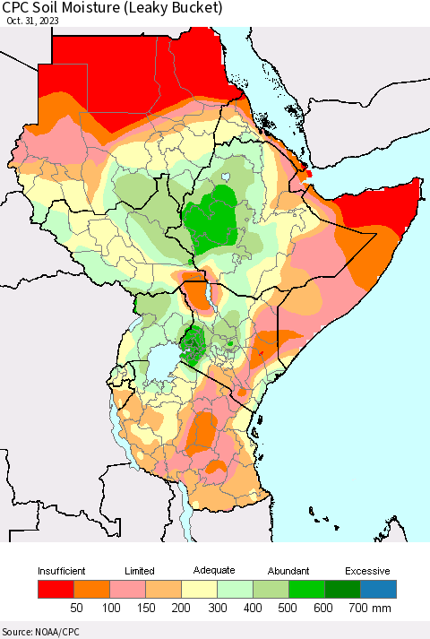 Eastern Africa CPC Soil Moisture (Leaky Bucket) Thematic Map For 10/26/2023 - 10/31/2023