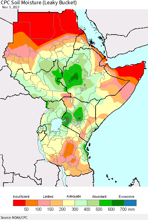 Eastern Africa CPC Soil Moisture (Leaky Bucket) Thematic Map For 11/1/2023 - 11/5/2023